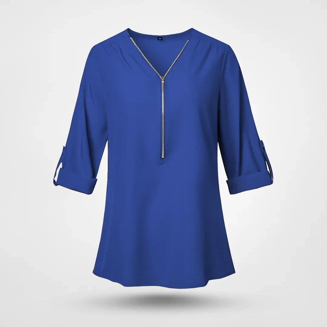 Belina - Elegant chiffonbluse med V-hals lynlås