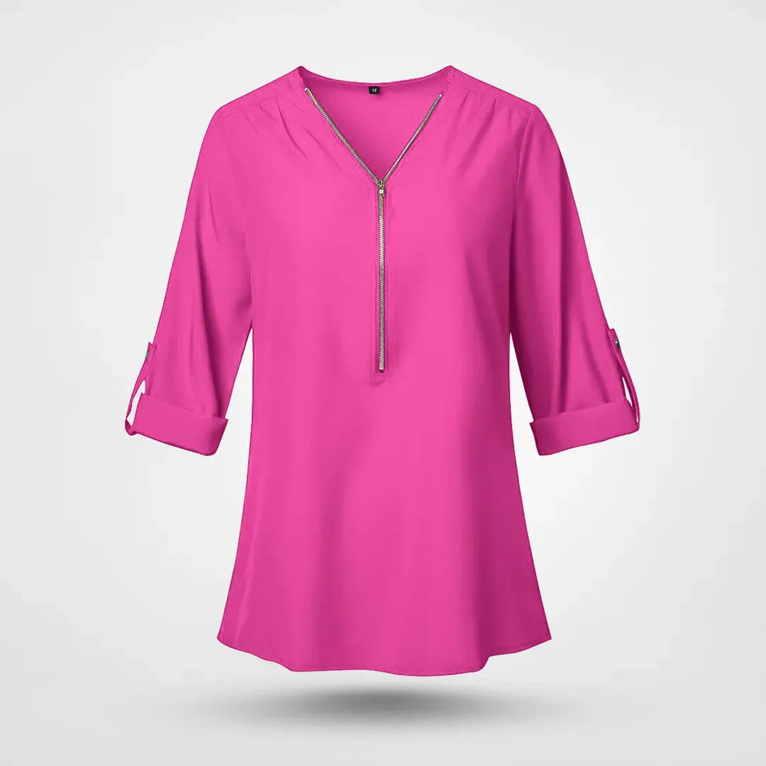 Belina - Elegant chiffonbluse med V-hals lynlås