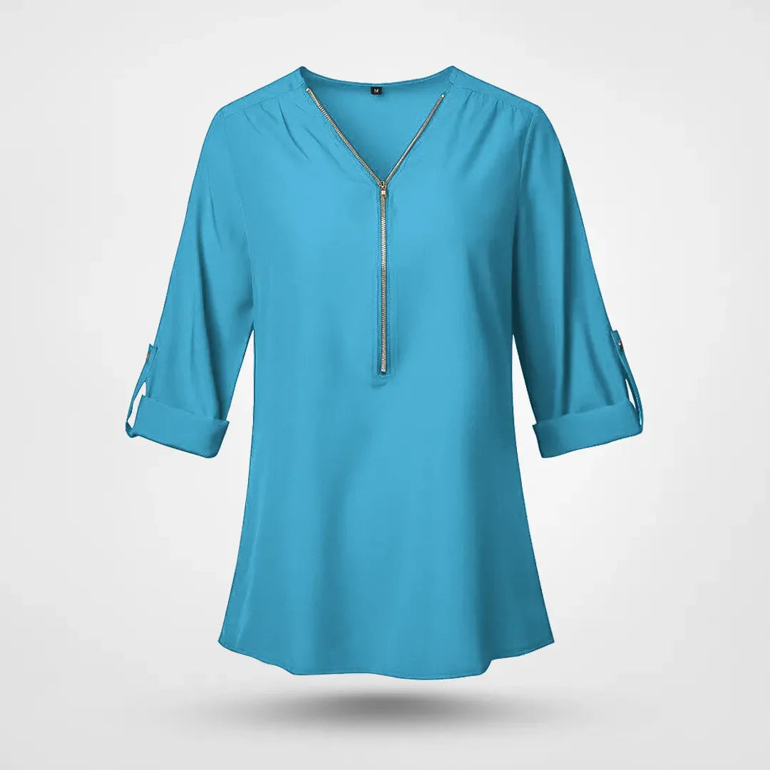 Belina - Elegant chiffonbluse med V-hals lynlås