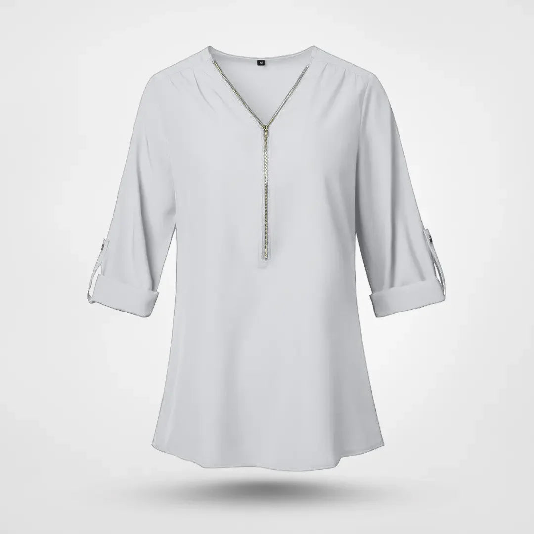 Belina - Elegant chiffonbluse med V-hals lynlås