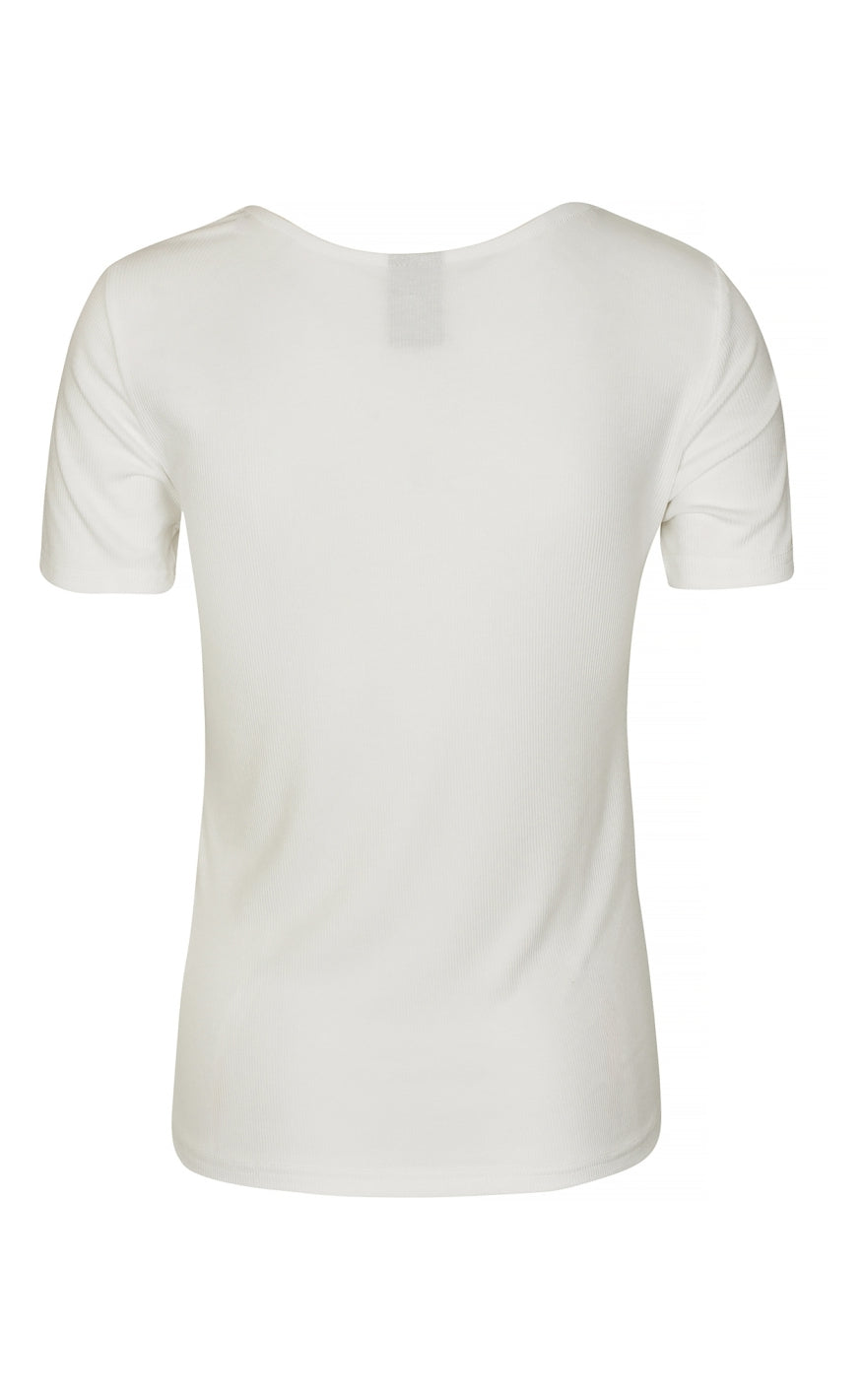 Cremefarvet ribbet viskose T-shirt – Blød, strækbar kortærmet T-shirt til kvinder