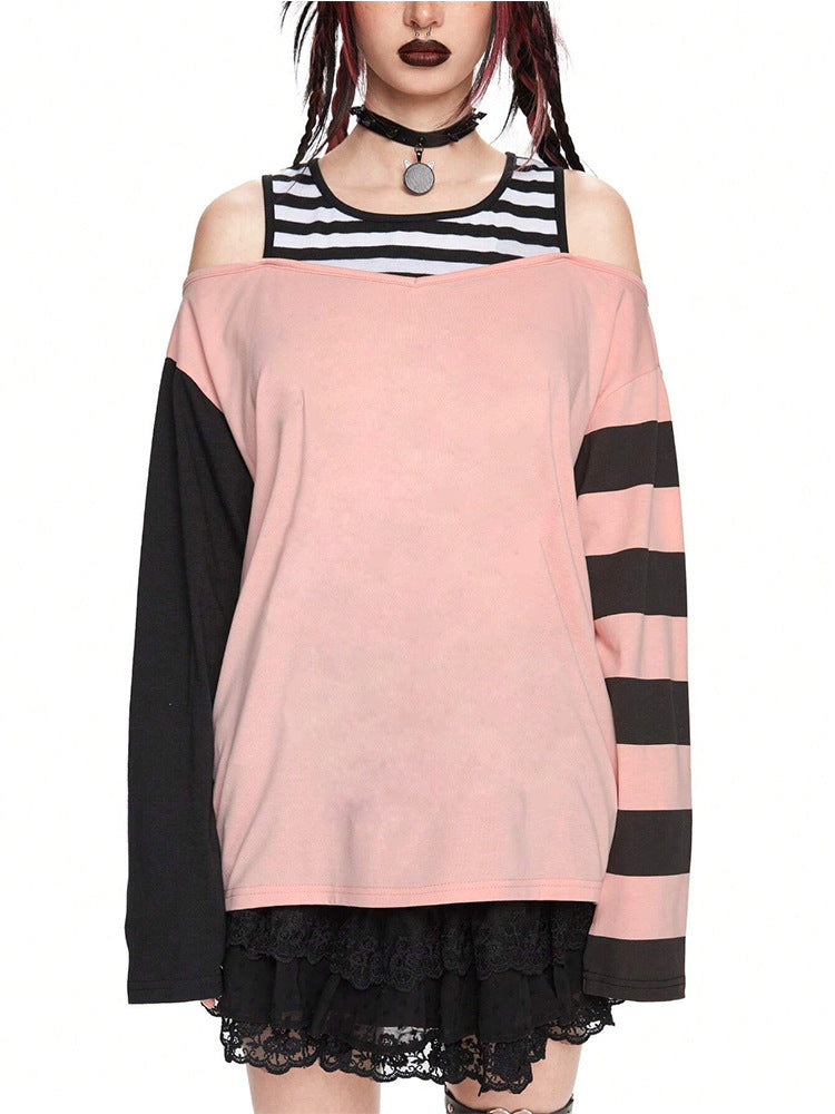 Chic Off-Shoulder Stribet Bluse med Asymmetrisk Kant – Trendy Top til Kvinder
