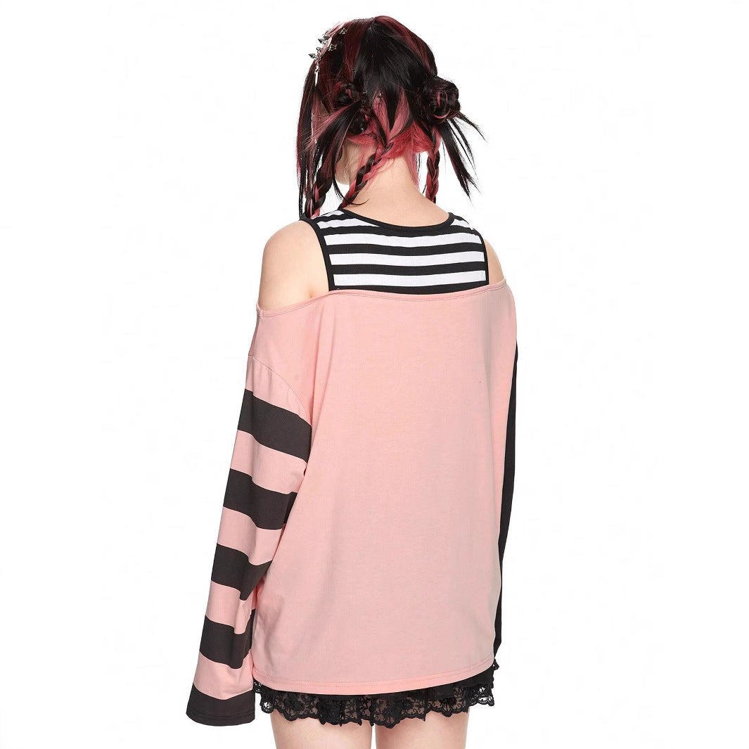 Chic Off-Shoulder Stribet Bluse med Asymmetrisk Kant – Trendy Top til Kvinder