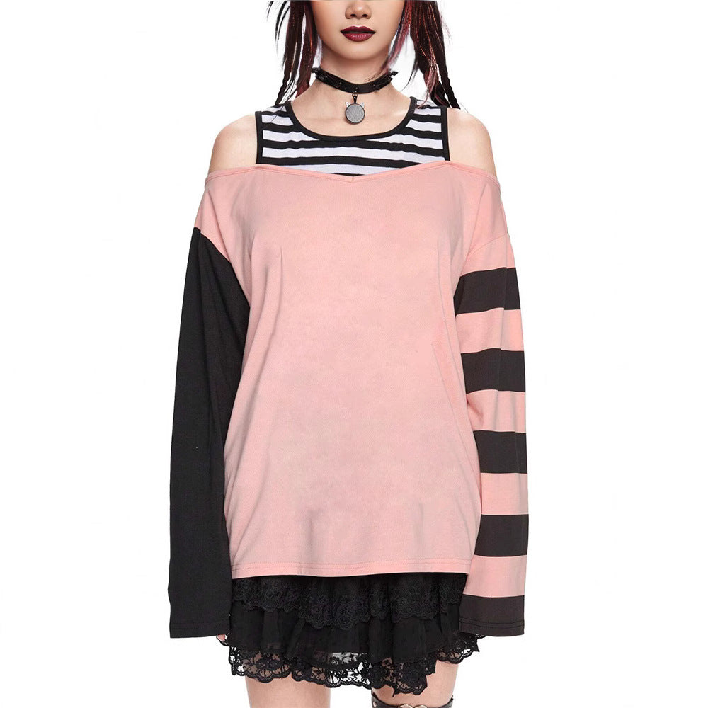 Chic Off-Shoulder Stribet Bluse med Asymmetrisk Kant – Trendy Top til Kvinder