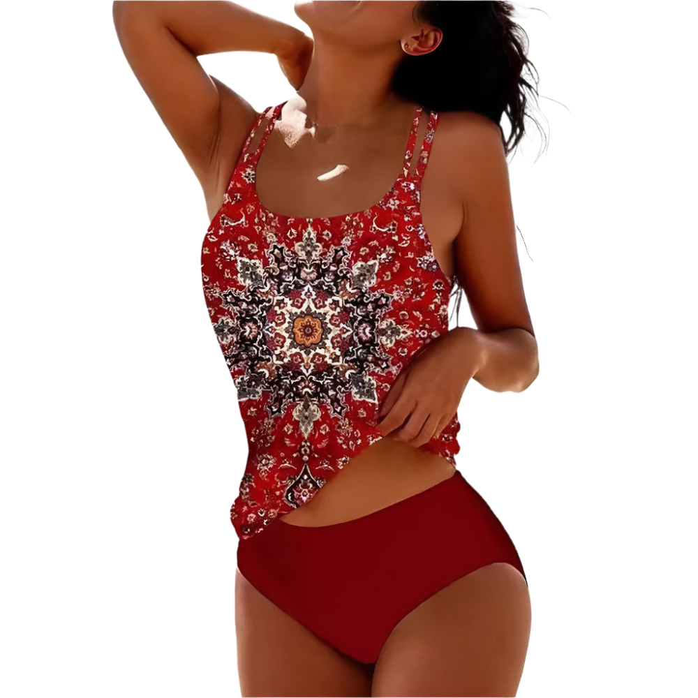 Fiona - Ensemble tankini med mandala print og ensfarvet bund