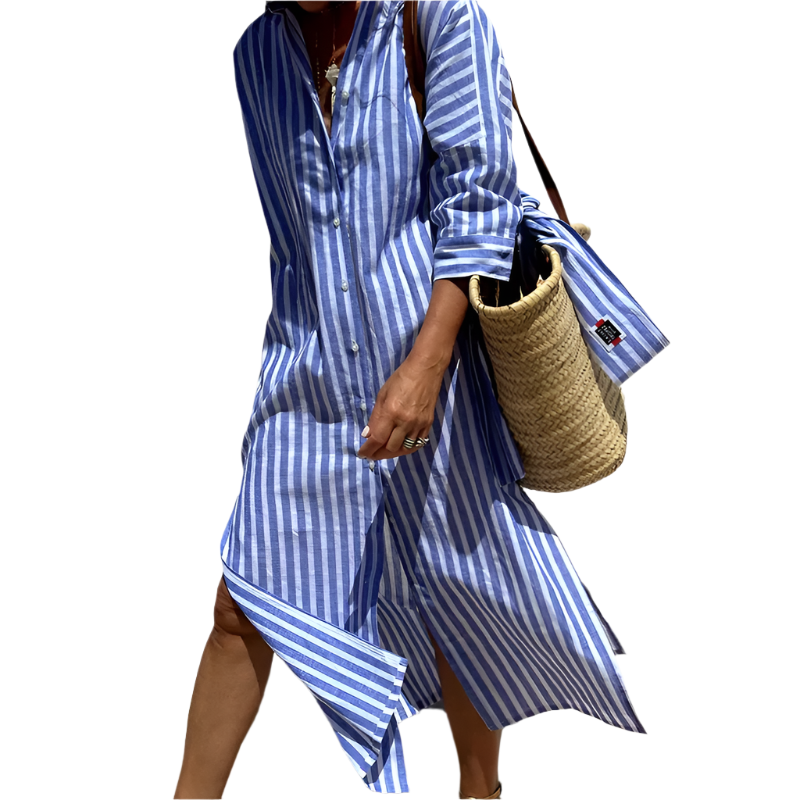 Clara – Stribet Skjortekjole med Chic og Raffineret Stil