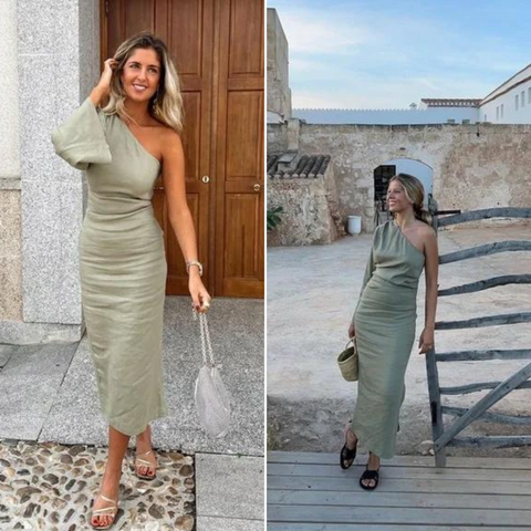 Camille Midi-kjole med én ærme – Chic asymmetrisk kjole