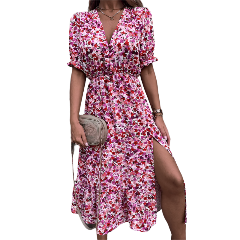 Belinda- Elegant blomstret midikjole med V-hals charme