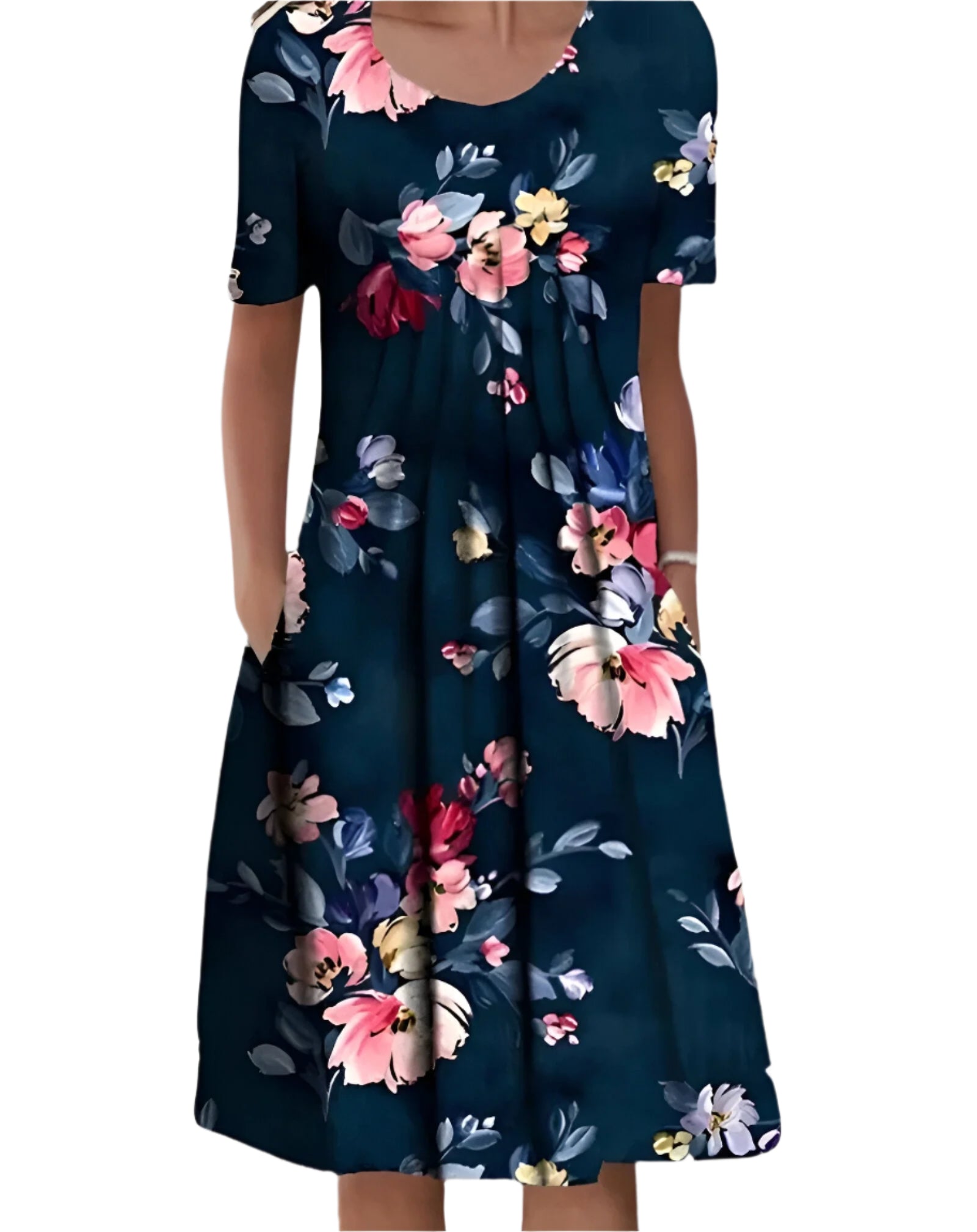 Margareth - Midi kjole til kvinder med blomster- og ensfarvede mønstre