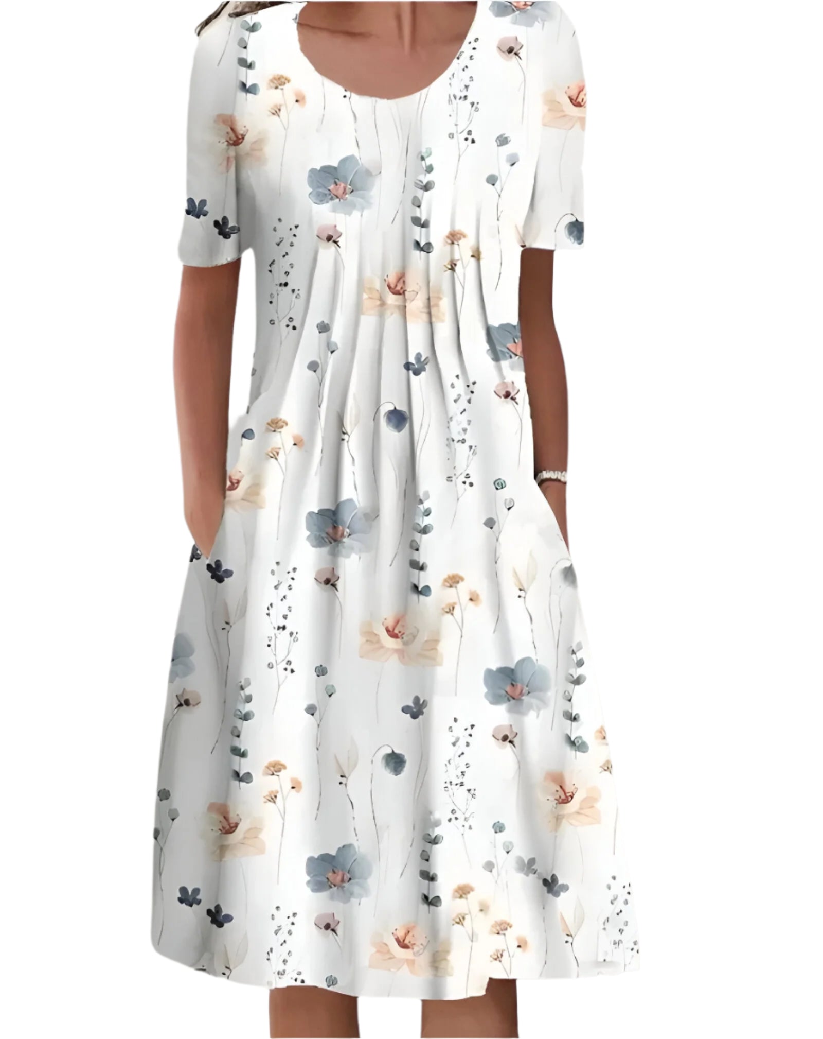 Margareth - Midi kjole til kvinder med blomster- og ensfarvede mønstre