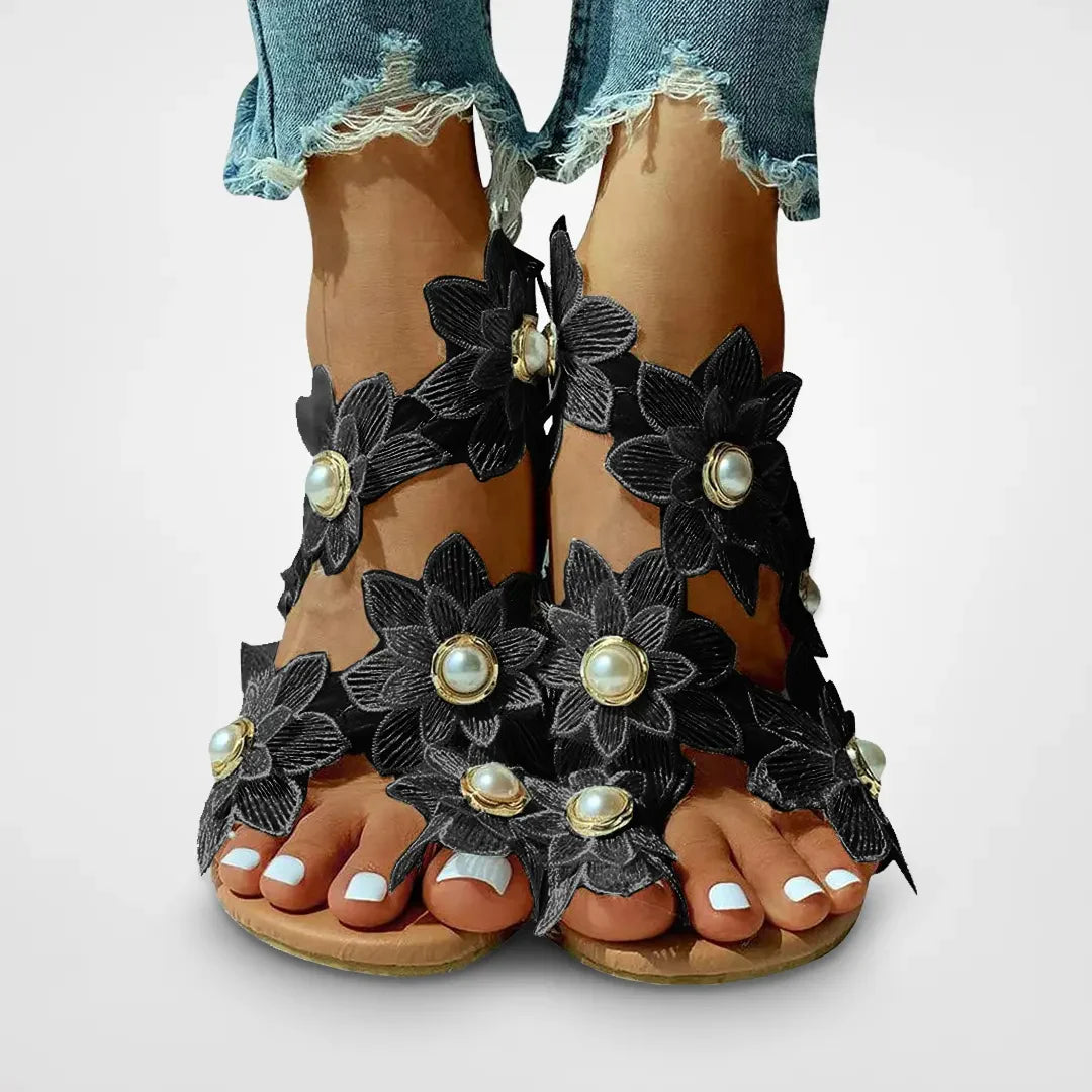 Anika - Boho blomstret perle flad sandal