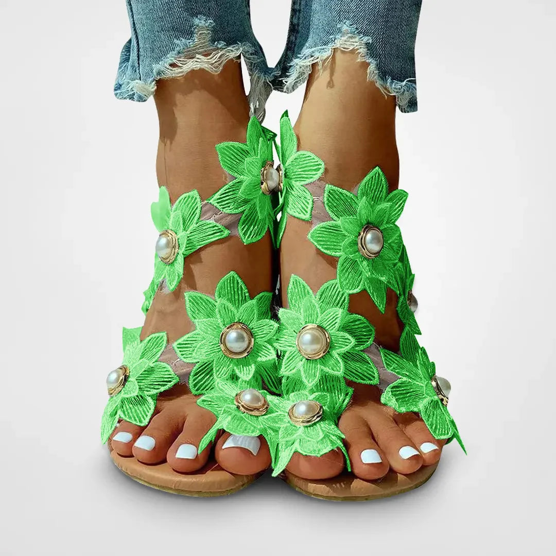 Anika - Boho blomstret perle flad sandal