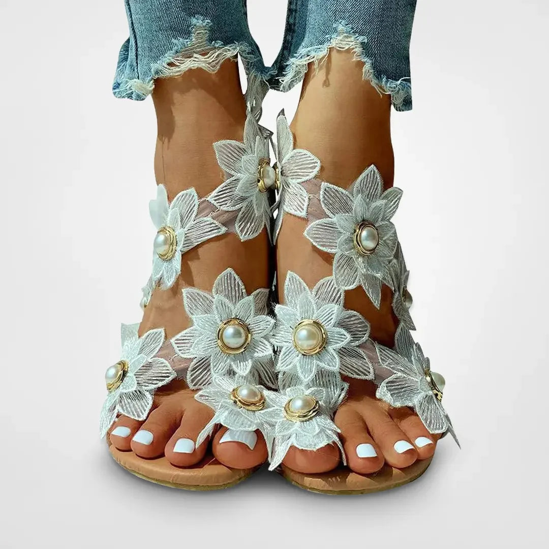 Anika - Boho blomstret perle flad sandal