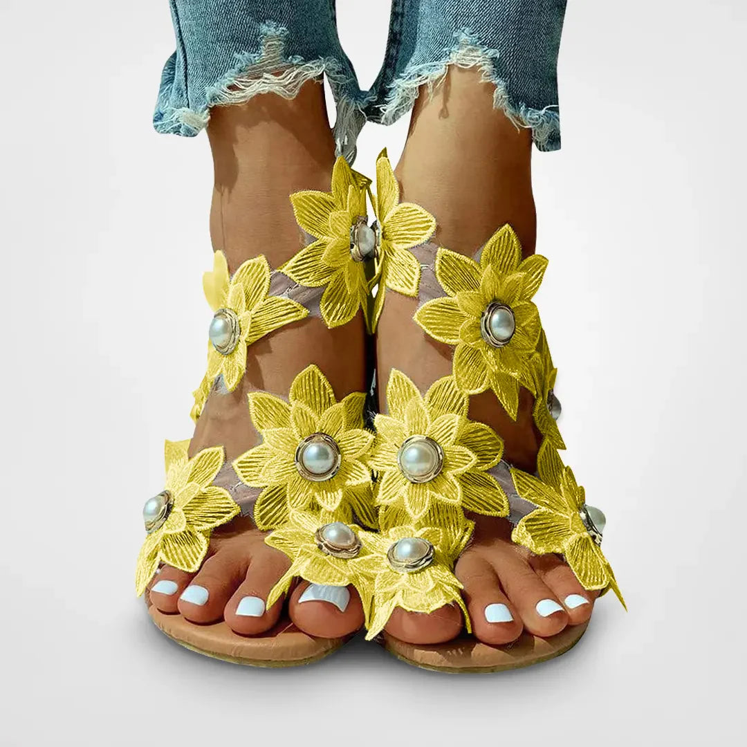 Anika - Boho blomstret perle flad sandal