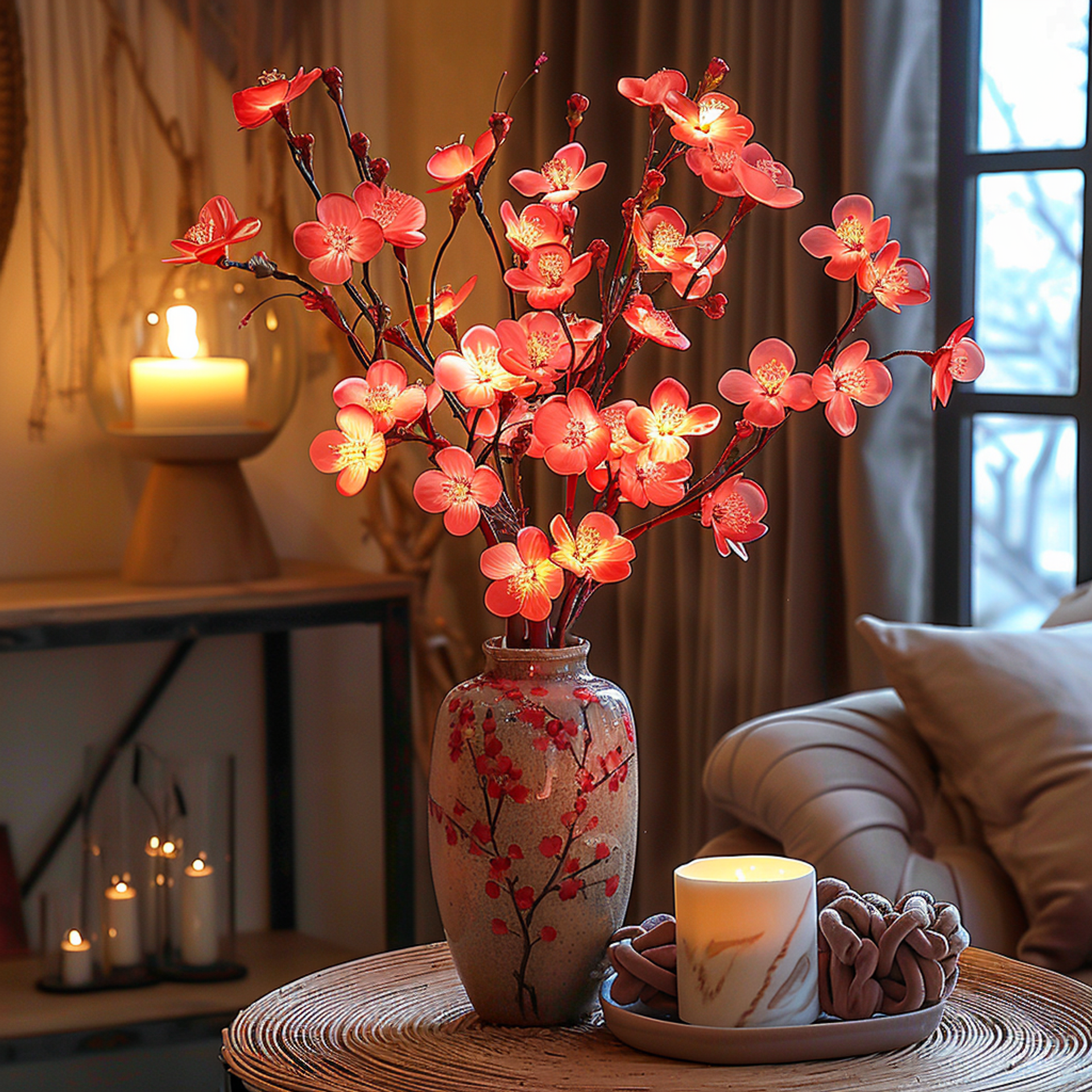 LumiFlor - LED blomster-guirlande med realistiske blade og batteridrevne lys