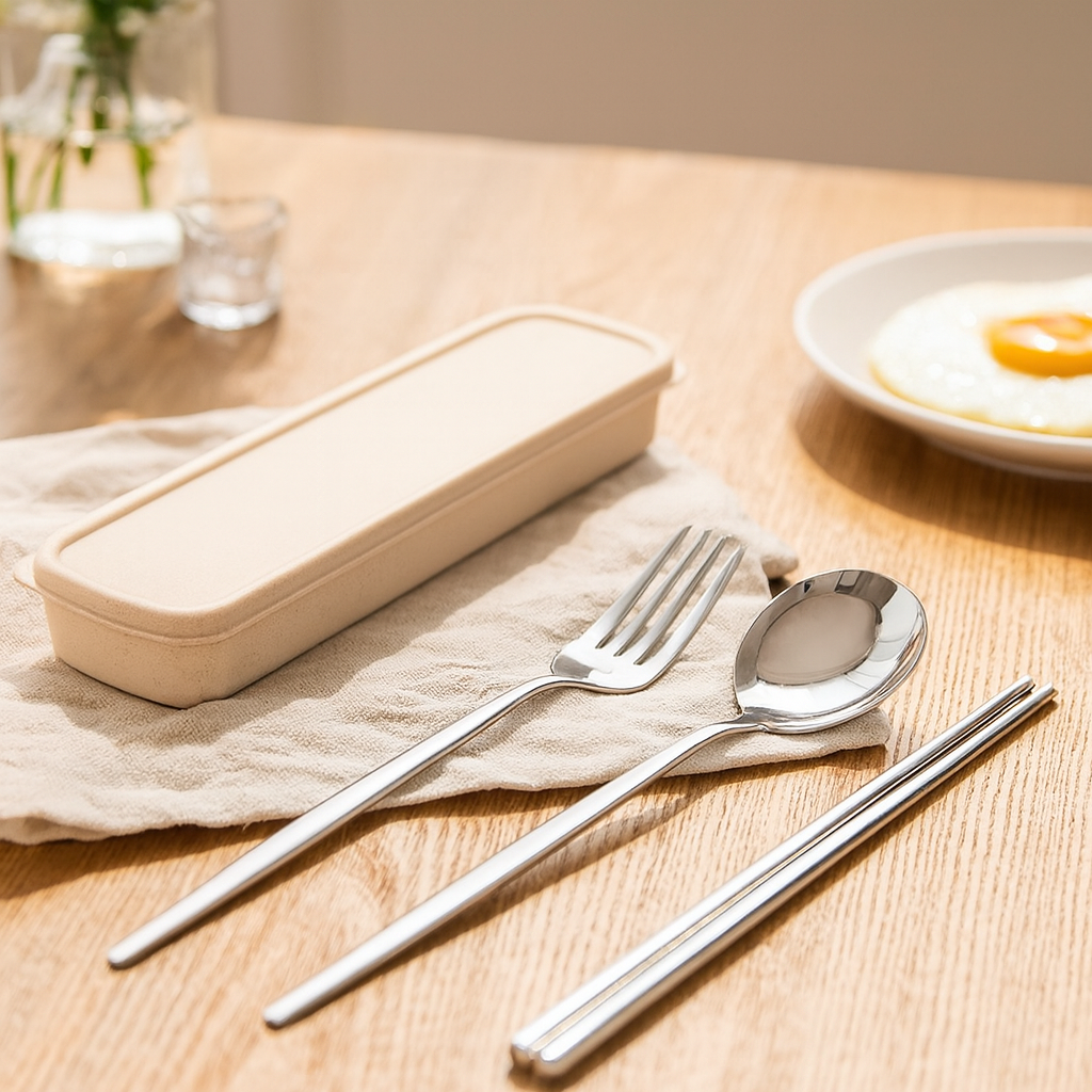 Zeyora | 4-delt Rejsebestiksæt og spise-pindesæt i rustfrit stål med holder