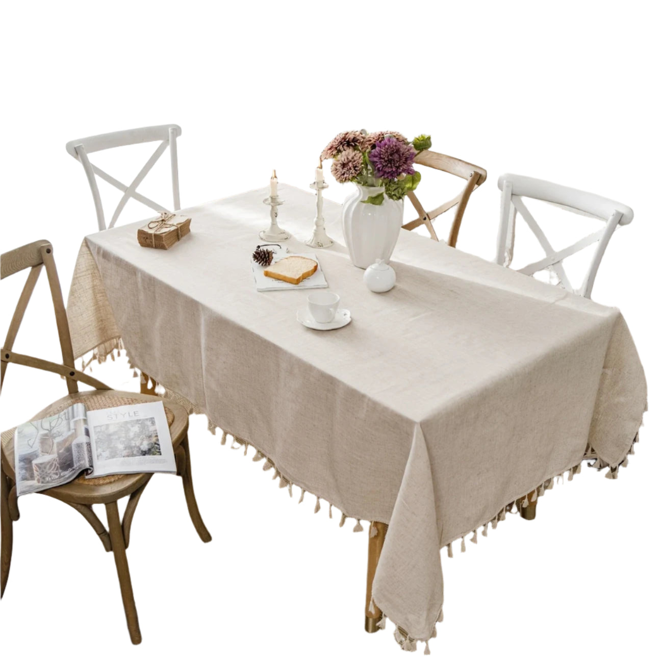 Elegant dug i hør med kvaster – vand-, olie- og pletbestandig, vaskbar