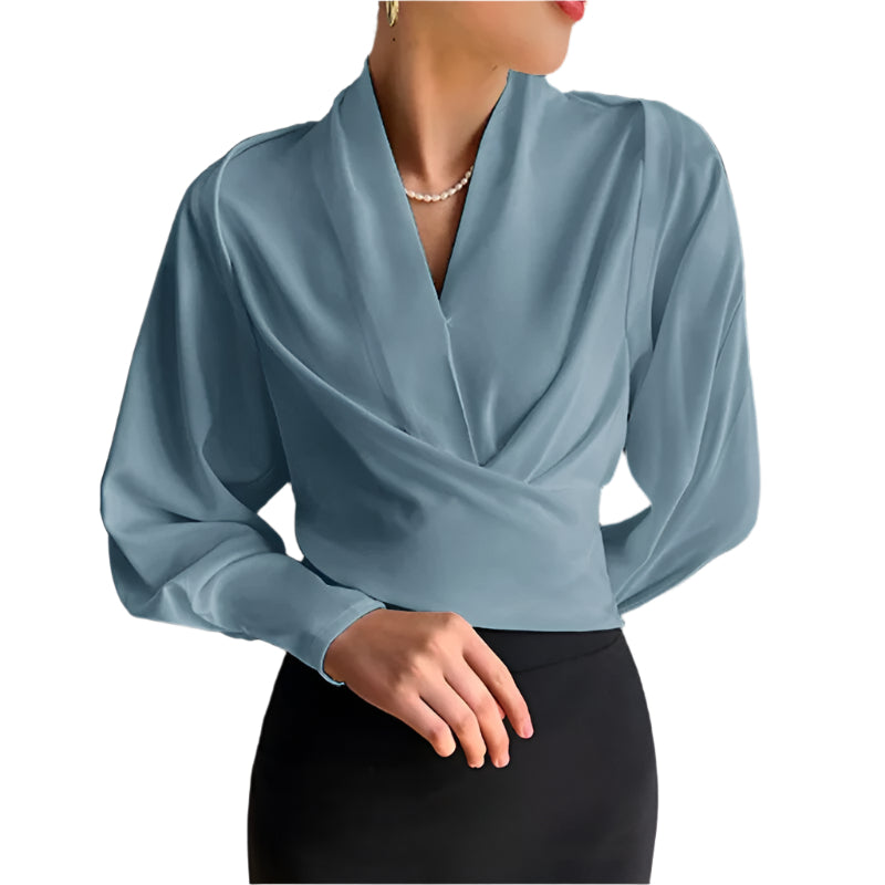 Amalie Elegant V-Hals Bluse med Lange Puffærmer – Damebluse til Hverdag og Fest