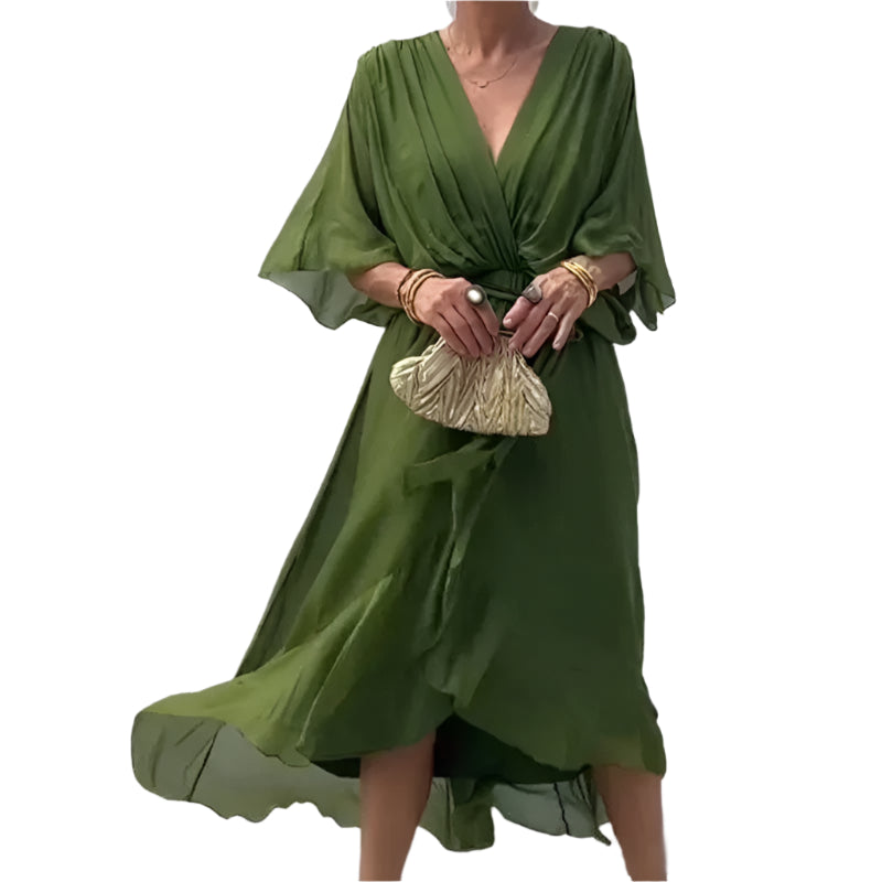 Laurie - Midi-omslagskjole med fladrende ærmer med elegant taljedetaljer