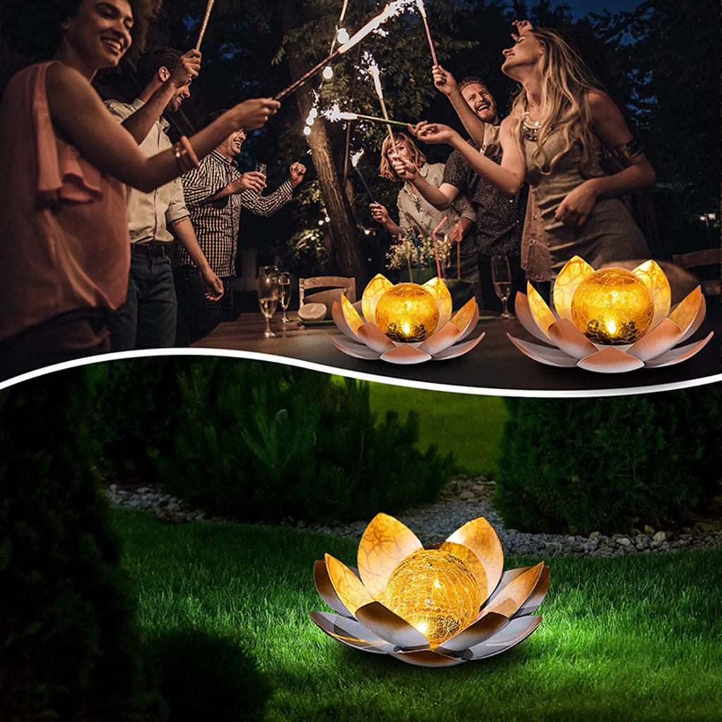 LumaLotus - Solcelledrevet Lotus-havelys med knitrende glascenter